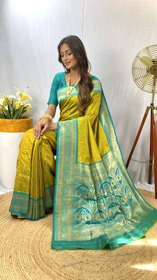 Lemon Yellow Paithani Silk Saree With Rich Contrast Weaving Pallu And Border & Blouse 4