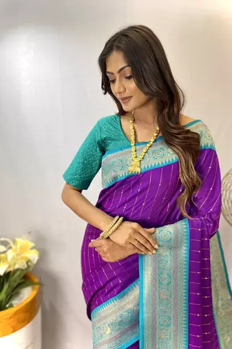 Purple Paithani Silk Saree With Rich Contrast Weaving Pallu And Border & Blouse
