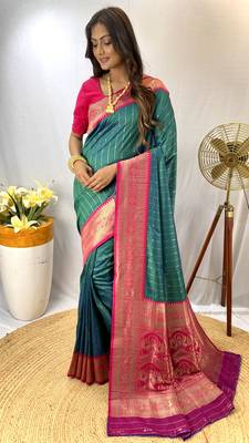 Rama Paithani Silk Saree With Rich Contrast Weaving Pallu And Border & Blouse 1