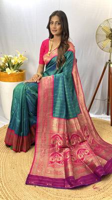 Rama Paithani Silk Saree With Rich Contrast Weaving Pallu And Border & Blouse 4
