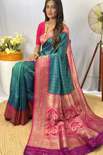 Rama Paithani Silk Saree With Rich Contrast Weaving Pallu And Border & Blouse