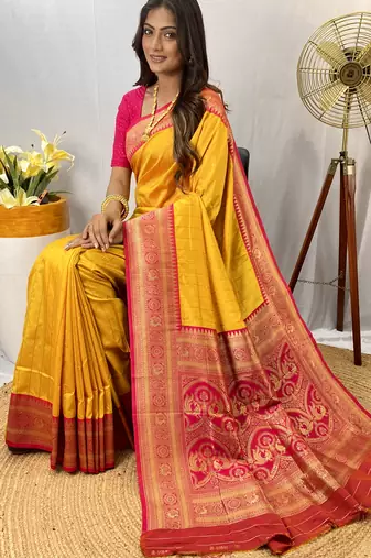 Yellow Paithani Silk Saree With Rich Contrast Weaving Pallu And Border & Blouse