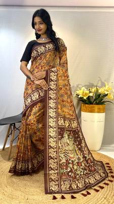 Gold Classic Soft Cotton Digital printed Saree With Blouse For Women 1