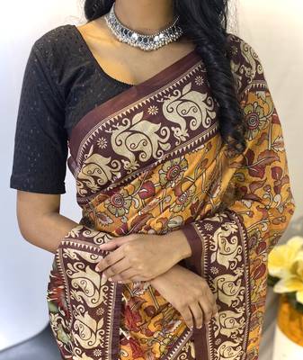 Gold Classic Soft Cotton Digital printed Saree With Blouse For Women 3