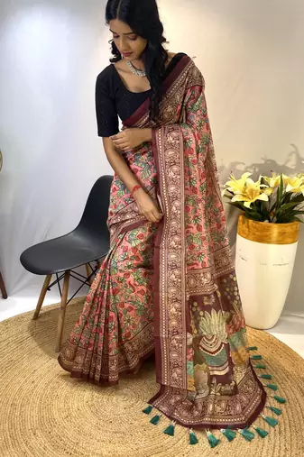 Pink Classic Soft Cotton Blend Digital printed Saree With Blouse For Women