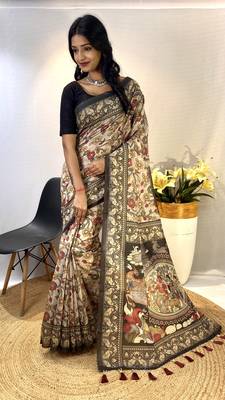 Grey Classic Soft Cotton Digital printed Saree With Blouse For Women 1