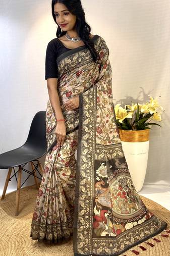 Grey Classic Soft Cotton Digital printed Saree With Blouse For Women