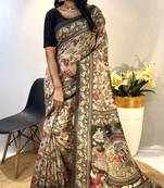 Grey Classic Soft Cotton Digital printed Saree With Blouse For Women