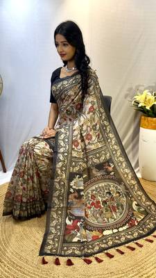 Grey Classic Soft Cotton Digital printed Saree With Blouse For Women 2