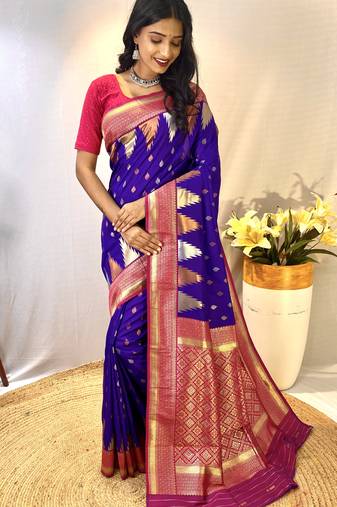 Violet Designer Kanchipuram Silk And Zari Weaving Saree With Blouse For Women