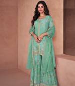 Light green embroidered georgette free size palazzo suit
