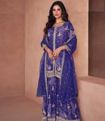 Purple embroidered georgette free size palazzo suit