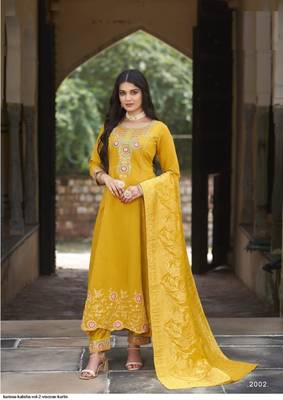 Yellow roman silk full stitched wedding suits with banarasi duppatta 1