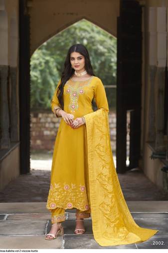 Yellow roman silk full stitched wedding suits with banarasi duppatta
