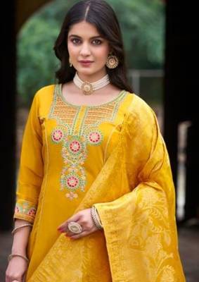 Yellow roman silk full stitched wedding suits with banarasi duppatta 2