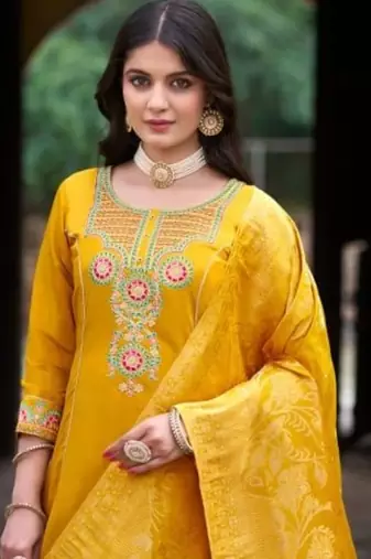 Yellow roman silk full stitched wedding suits with banarasi duppatta