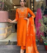 Embroidered Viscose Chanderi Fabric Straight Kurta, Pant and Dupatta Set