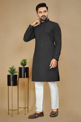Black embroidered rayon straight kurta 1