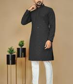 Black embroidered rayon straight kurta