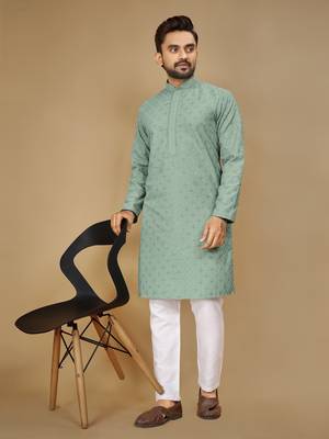 Sea green embroidered rayon straight kurta 1