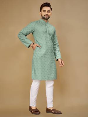 Sea green embroidered rayon straight kurta 3