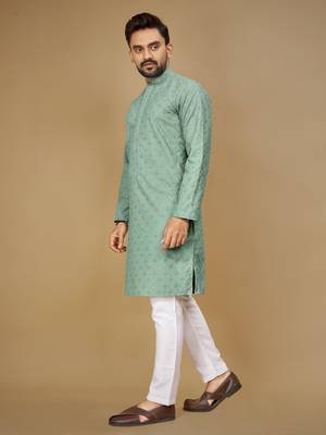 Sea green embroidered rayon straight kurta 4