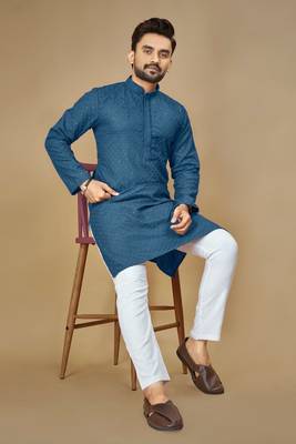Teal embroidered rayon straight kurta 1