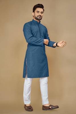 Teal embroidered rayon straight kurta 3