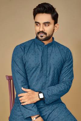 Teal embroidered rayon straight kurta 4