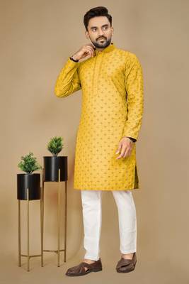 Yellow embroidered rayon straight kurta 1