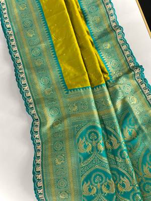 Lemon Yellow Paithani Silk Saree With Rich Contrast Weaving Pallu And Border & Blouse 3