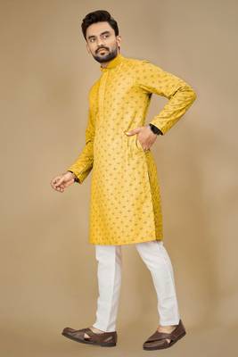 Yellow embroidered rayon straight kurta 3