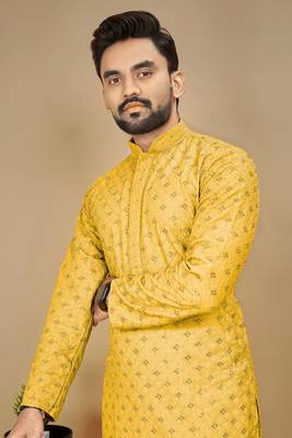Yellow embroidered rayon straight kurta 4