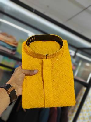 Yellow embroidered rayon straight kurta 5