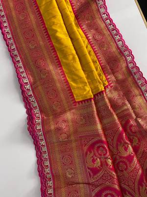 Yellow Paithani Silk Saree With Rich Contrast Weaving Pallu And Border & Blouse 3
