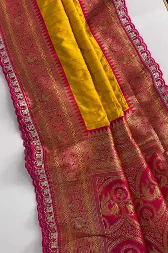 Yellow Paithani Silk Saree With Rich Contrast Weaving Pallu And Border & Blouse