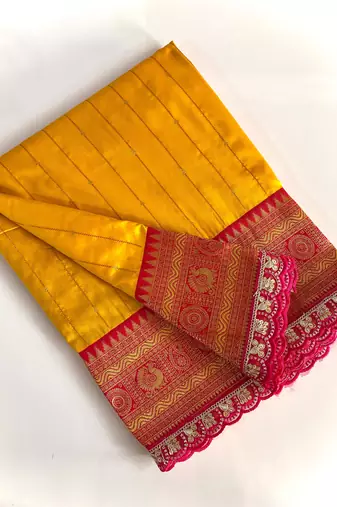 Yellow Paithani Silk Saree With Rich Contrast Weaving Pallu And Border & Blouse