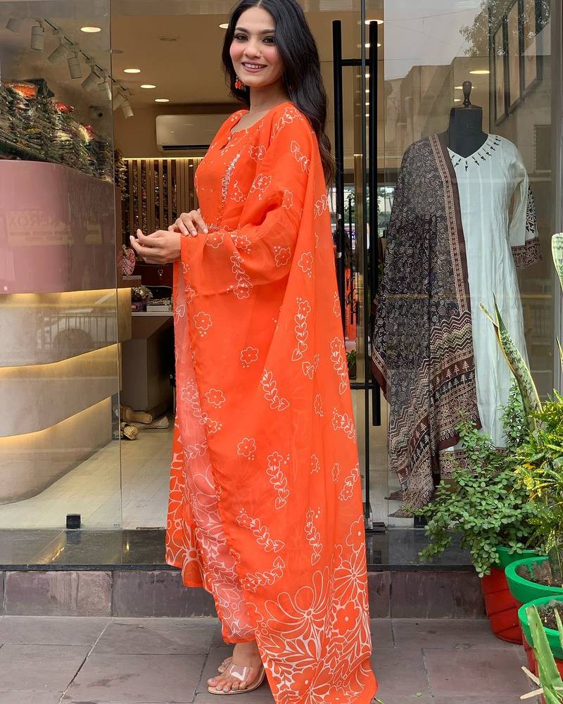 Women's Printed Embroidered Georgette Fabric Straight Kurta, Pant and Dupatta Set