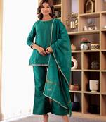 Green embroidered kurta with bell bottom pant & dupatta