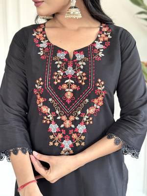 Black Embroidered Chanderi Straight Kurta, Pant and Dupatta Set 4