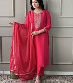 Embroidered Viscose Chanderi Fabric Straight Kurta, Pant and Dupatta Set
