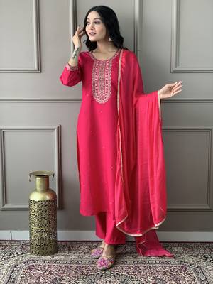 Embroidered Viscose Chanderi Fabric Straight Kurta, Pant and Dupatta Set 3