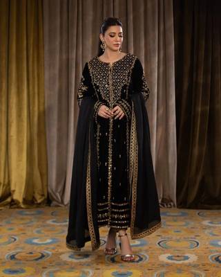 Black Viscos Velvet Embroidery Work Full Sleeve Fully Stitched  Ready To Wear Kurti Set 1