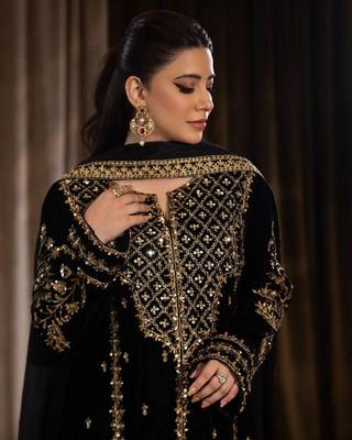 Black Viscos Velvet Embroidery Work Full Sleeve Fully Stitched  Ready To Wear Kurti Set 3
