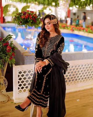 Black Viscos Velvet Embroidery Work Full Sleeve Fully Stitched  Ready To Wear Kurti Set 5