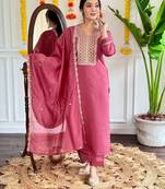 Embroidered Viscose Chanderi Fabric Straight Kurta, Pant and Dupatta Set