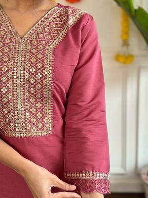 Embroidered Viscose Chanderi Fabric Straight Kurta, Pant and Dupatta Set 4