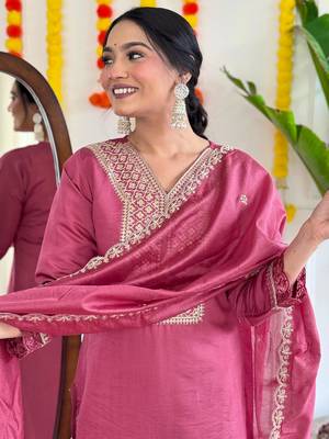 Embroidered Viscose Chanderi Fabric Straight Kurta, Pant and Dupatta Set 5