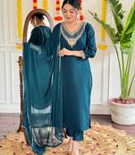 Embroidered Viscose Chanderi Straight Kurta, Pant and Dupatta Set