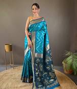 Firozi Soft Silk Saree With Beautiful Zig Zag Design With Zari Patta & Ikkat Weaving Pallu With Contrast Blouse